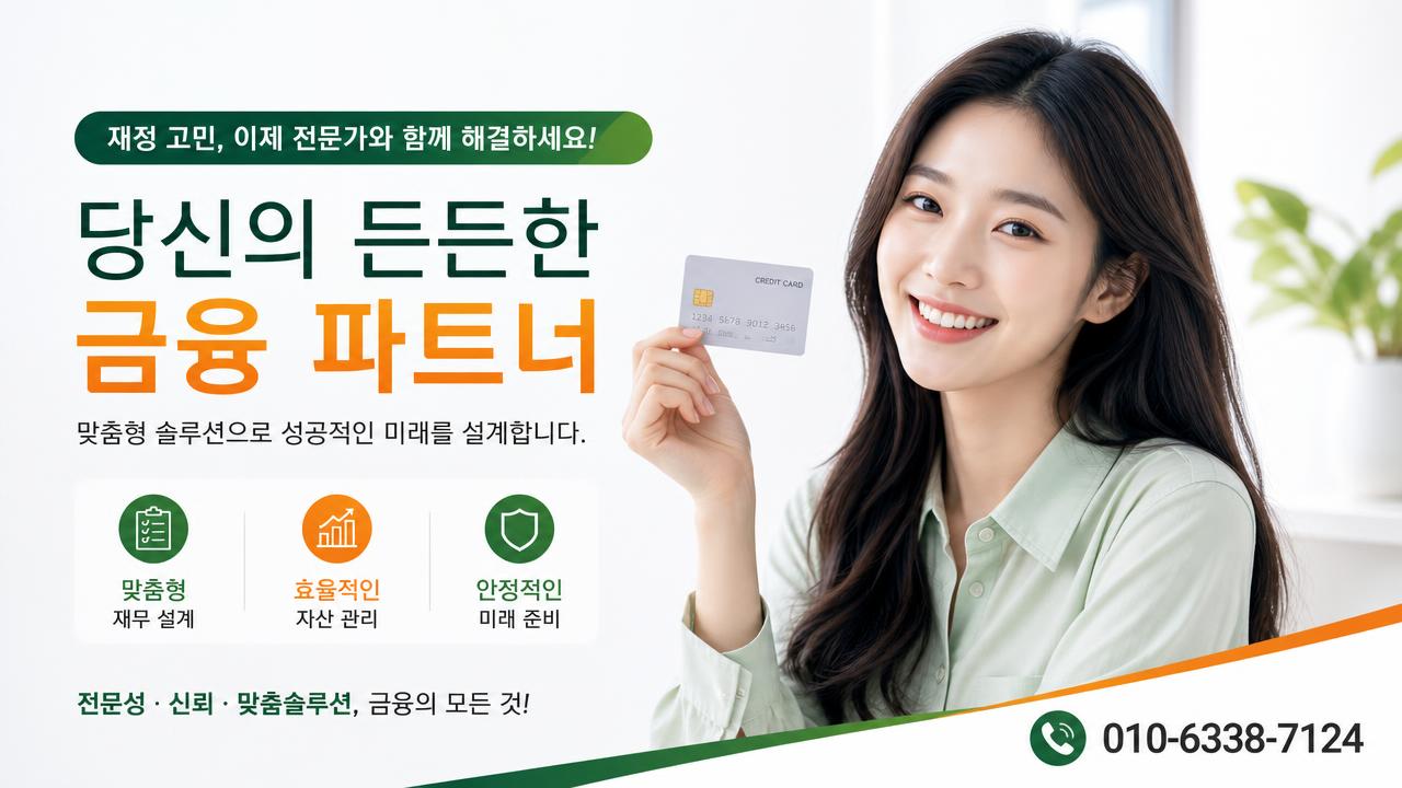 20대 여성이 신용카드를 들고 밝게 웃는 모습, 상담 전화 010-6338-7124